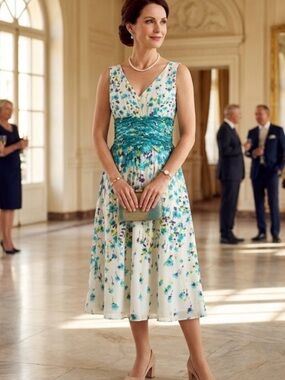 Ann Taylor White Midi Dress with Teal and Blue Floral Print